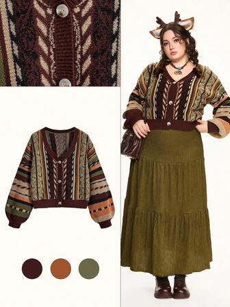 Fairycore Vintage Striped Cardigan In Earth Tones, Plus Size Women Retro Sweater Cardigan, Autumn/Winter Plus Size Outerwear Sweater, Christmas Vintage Sweater For Women