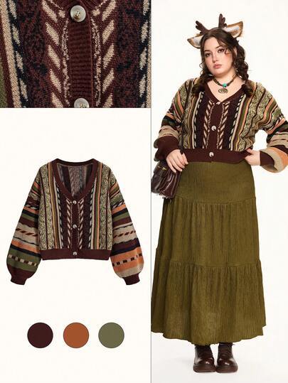 Fairycore Vintage Striped Cardigan In Earth Tones, Plus Size Women Retro Sweater Cardigan, Autumn/Winter Plus Size Outerwear Sweater, Christmas Vintage Sweater For Women