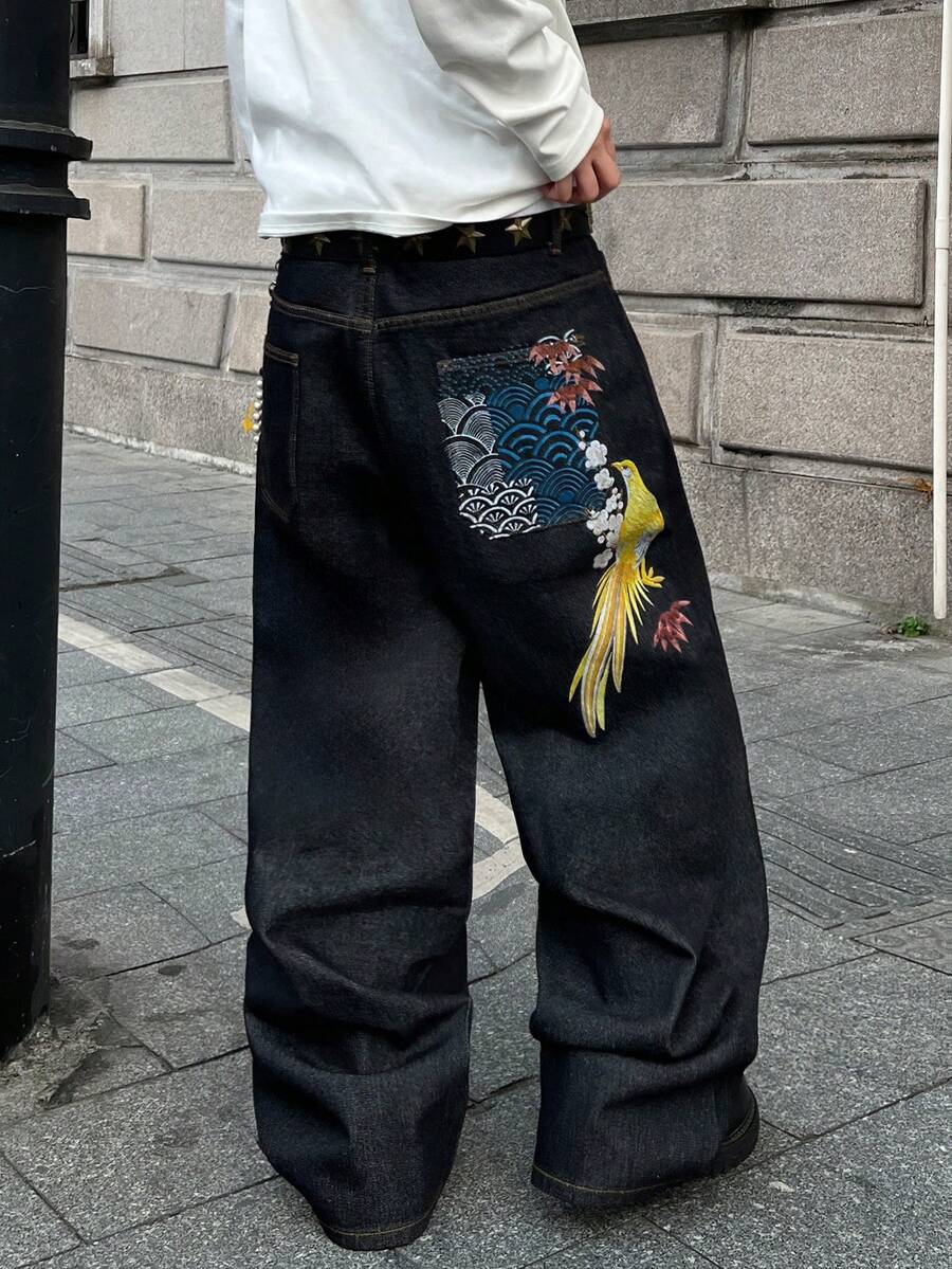STEELVANCE 街头风树叶、花朵和鹦鹉数码印花直筒宽松休闲牛仔裤，适合日常穿着 - 黑色 - 查看 1
