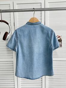 男童休闲水洗牛仔短袖上衣，夏季 - 藍色 - 查看 2
