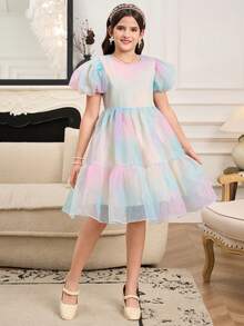 Tween Girls' Elegant Puff Sleeve Butterfly Back Bow Princess Dress