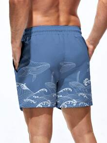 Manfinity Swimmode Men's Wave Print Drawstring Waist Pocket Beach Shorts