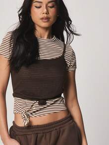 MISSGUIDED Women's Double Layer Cami Tank Top With Striped Tee Underneath Casual Layered Sleeveless Knotted Style Brown White - Multicolor - View 4