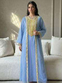 SHEIN Teen Girls Mist Blue & Light Blue, Gold Ribbon, Tassel, Spring/Summer, Vacation, Golden Lace Trim, Loose V-Neck Color Block Robe, Middle Eastern Arabic Style Long Dress, National Day Long Dress