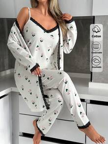 EURMUSE 3pcs Cotton Women Contrast Colour HEART&FLORAL Pattern With Lace Detail Belted Homewear Comfort Lounge Set - White - View 3
