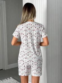 EURMUSE Conjunto de pijama feminino casual de algodão com estampa, composto por camiseta e shorts. - Multicolorido - Ver 2