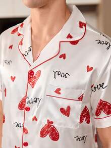 CoupledUp Bộ đồ ngủ nam tay ngắn in hình trái tim bằng lụa giả - Đỏ và trắng - Xem 6