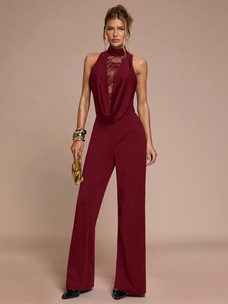 SHEIN BAE Bộ jumpsuit nữ màu trơn cổ khoét sâu phối ren tương phản thanh lịch - Màu Đỏ Sâu - Xem 1