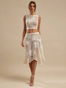 SHEIN BAE 2pcs Apricot Sleeveless Lace Texture Tank Top & Paisley Lace Patterned Sheer Skirt Set, Vacation Beach Sheer Outfit, Paisley Lace, Sheer Lace, Sexy, Brunch Dress, Wedding Guest Attire, Going Out Dress - Apricot - View 3