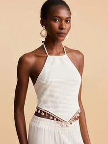 Travachic Women's Vacation Shell Trim Asymmetric Hem Halter Top - White - View 3