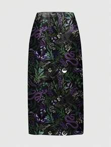 ROMWE Váy ngắn in họa tiết kinh dị Gothic hình đại bàng, rắn, cây bí ẩn, màu tím đậm, xẻ cao, gợi cảm dành cho nữ. - màu đen - Xem 2