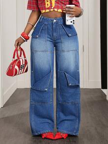 Slaydiva Women's Casual Fashion Street Style High Waist Patchwork Loose Wide-Leg Jeans - Blue - View 1