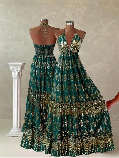 Sweetra Vintage Romantic Floral Print Casual Loose Comfortable Spaghetti Strap Dress, Suitable For Beach Vacation Women's Summer Dresses Peacock Dress Mediterranean Style Clothes Bohemian Dresses