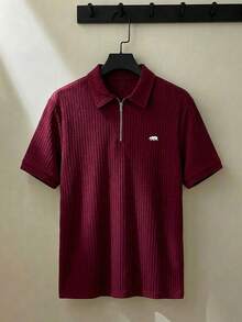 ESTAVOR 男士短袖拉链罗纹 Polo 衫，红色 - 酒紅色 - 查看 1