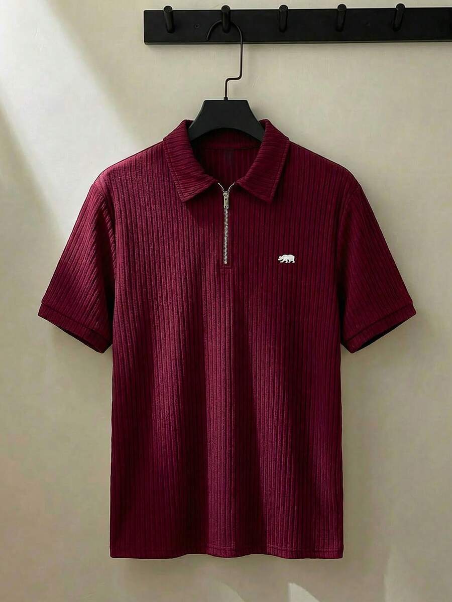 ESTAVOR 男士短袖拉链罗纹 Polo 衫，红色 - 酒紅色 - 查看 1