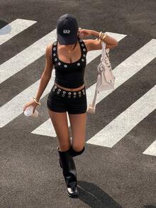 StreetHx 街头风女装夏季无袖镂空装饰背心和低腰短裤两件套 - 黑色 - 查看 6