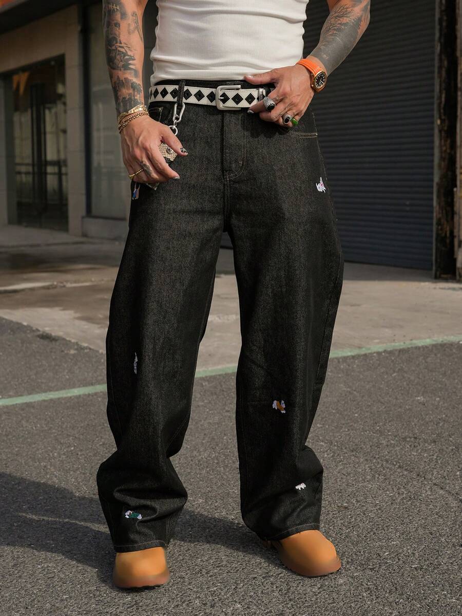 DAZY Spring Puppy Embroidery Streetwear Style Jeans - Black - View 1