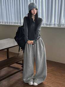 DAZY Women's Retro Minimalist Striped Slim Fit Hoodie T-Shirt, Versatile Design Long Sleeve - Dark Grey - View 10