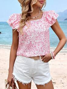 Sylviya 女士休闲碎花印花蝴蝶结后背荷叶边短袖衬衫，日常穿着，春夏