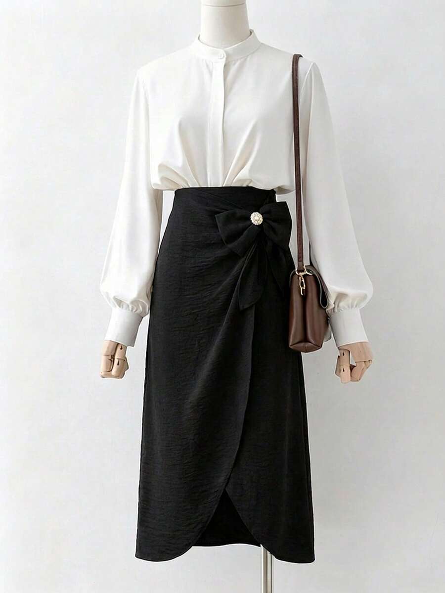 Modelyn Váy suông nữ thời trang đa năng trang trí nơ màu thanh lịch - màu đen - Xem 1
