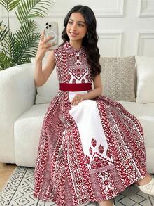Tween Girl Casual Vacation Spring/Summer Print Contrast Color Belt Patchwork A-Line Sleeveless Dress, Red - Red - View 1