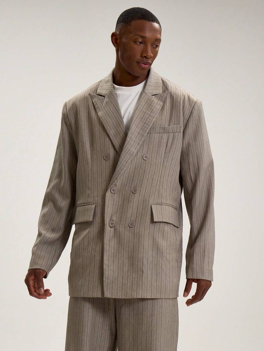 Musero Men Pinstripe Pocket Detail Oversized Tailored Blazer SPRING SUMMER Smart Casual Tailoring Suits - Khaki - View 1