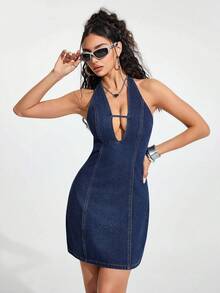 Jeanoix Đầm denim hở lưng cổ yếm dành cho nữ, thiết kế gợi cảm, thích hợp cho các buổi hẹn hò và đi chơi. - Rửa tối - Xem 4