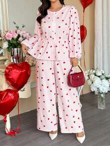 Vionelle Plus Size Valentine's Day Heart Striped Long Sleeve 2 Pieces Set Women,White Autumn Cute Date Night Comfy Pajama Lounge Sets Matching Two Piece Set - Pink - View 5
