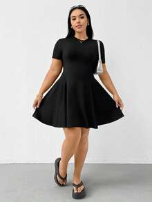 Shapeblank Plus Size Women's Black Short Sleeve Waist Cinching Mini Dress, High Elasticity, Casual Elegant Western Filipiniana, Spring/Summer Graduation - Black - View 6