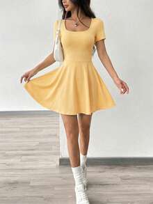 SHEIN EZwear Square Neck Short Sleeve Casual Knit Dress For Women, Pale Yellow Skater Dresses Stretchy ,Summer Mod - Pale Yellow - View 5