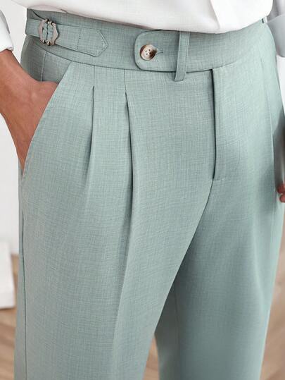 Core Aspect Pantalones rectos casuales de unicolor sin presillas para hombre, pantalones de vestir de cintura alta para hombre, pantalones de traje con pinzas para hombre en verde menta. Nuevos pantalones rectos de cintura alta, ajustables y estilizadores para hombre, ideales como regalo para el Día de San Valentín y el Día del Padre. Pantalones rectos de cintura alta que se ajustan a la forma de la pierna.