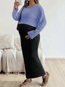 SHEIN 2pcs Set: Raglan Sleeve Striped Top And Solid Color Tight Maternity Outfit, Suitable For Autumn - Royal Blue - View 6