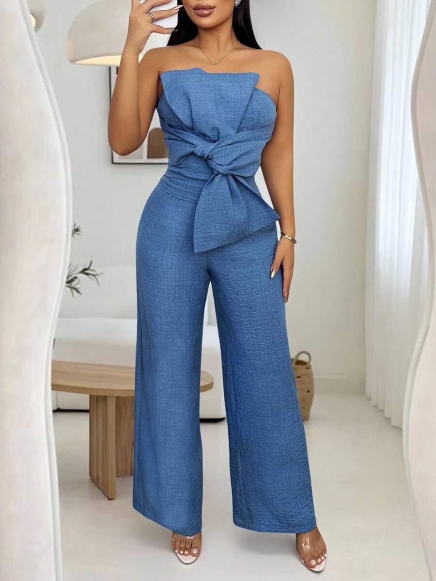 Vavine 1 Set Women Bow Tie Strap Fitted Top And Straight Textured Elastic Waist Casual Pants - Blue - View 1