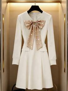 GlowEve 女士梭织面料圆领撞色缎面珍珠蝴蝶结肩部装饰长袖收腰带口袋A字短款优雅派对圣诞节情人节鸡尾酒会连衣裙，秋冬春季 - 彩色 - 查看 3