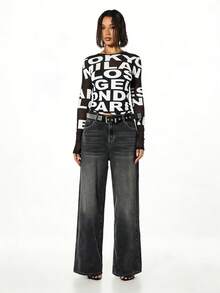 SUMWON WOMEN Long Sleeve Mesh Insert Graphic Typography Top With Bold Letter Print And Sheer Sleeves - Black - View 6