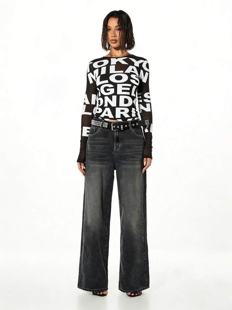 SUMWON WOMEN Mesh Insert Graphic Typography Top With Sheer Sleeves