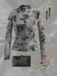 Ellevyn Áo thun dài tay cổ đứng ôm dáng, in hoa, xếp ly dành cho nữ - Nhiều màu - Xem 2