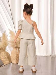 LMoss Kids 少女休闲派对条纹印花不规则领泡泡袖露脐上衣和阔腿裤套装，春夏秋季 - 杏色 - 查看 2