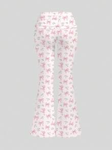 ROMWE Kawaii 可爱甜美粉色蝴蝶结腰部荷叶边爱心装饰喇叭裤，女式，春夏款 - 粉色 - 查看 2