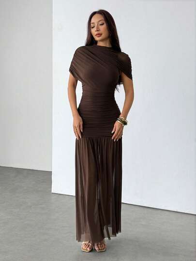 SHEIN PETITE Vestido ajustado con pliegues elegantes, adecuado para cóctel, cita romántica, capas de otoño/invierno, fiesta, reunión formal, Navidad, vestidos de invierno para mujer, vestido de Año Nuevo, vestidos elegantes para fiesta, vestidos elegantes para mujer