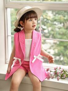 SHEIN 3pcs Young Girls Pink Blazer, Camisole, And Pearl Shorts Set, Casual Elegant Summer Outfit - Hot Pink - View 5