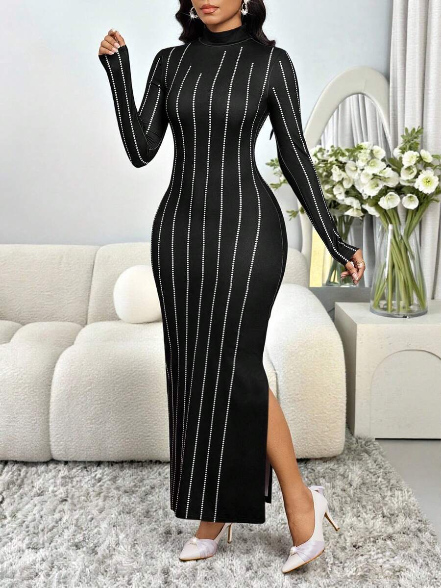 SHEIN Lady 女士时尚通勤条纹印花侧开衩修身长裙 - 黑色 - 查看 1