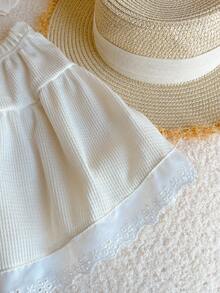 Genkimix Kids Young Girl 2pcs Set: Cute Beige Bubble-Sleeve Polo Collar Top With Matching Lace-Trimmed Midi Skirt, Polo Set For Summer, Suitable For School, Outings, Gatherings & More - Apricot - View 3