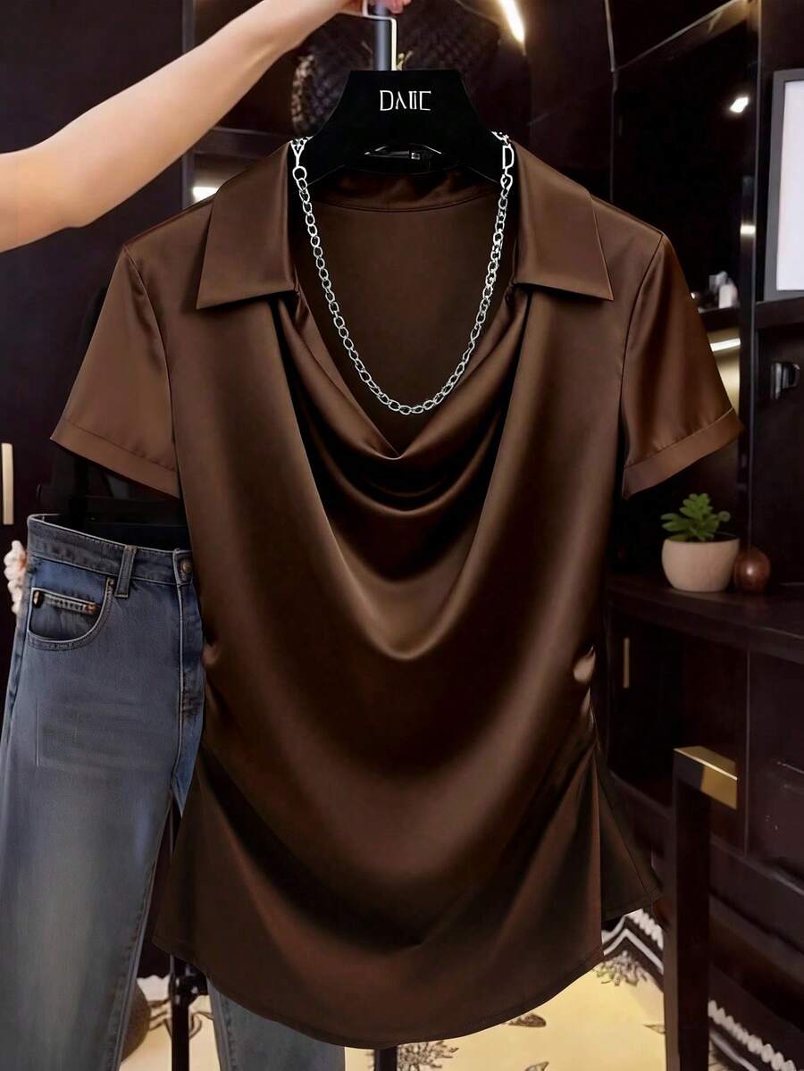 Franclia 女士优雅纯色翻领短袖衬衫 - 咖啡棕 - 查看 1