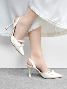 CUCCOO BIZCHIC Giày cao gót mũi nhọn màu trơn, trang trí nơ, thanh lịch, thích hợp đi làm. - trắng - Xem 1