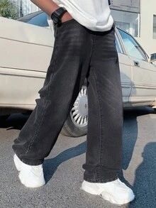 Little Byeori 青少年男孩时尚休闲 Y2K 复古酷炫街头基础款简约舒适黑色牛仔宽松直筒牛仔裤，适合日常穿着、春夏锐舞节和街头服饰。 - 黑色 - 查看 8