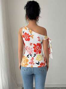 SHEIN Elenzya 女士多色印花肩部系带蝴蝶结装饰修身针织T恤，度假风 - 彩色 - 查看 2