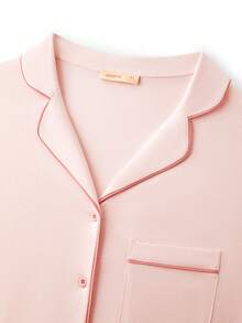 LUVLETTE 大码柔软纯棉撞色滚边基础款纽扣上衣和裤子家居服睡衣套装，适合身材丰满的女性。 - 粉色 - 查看 5