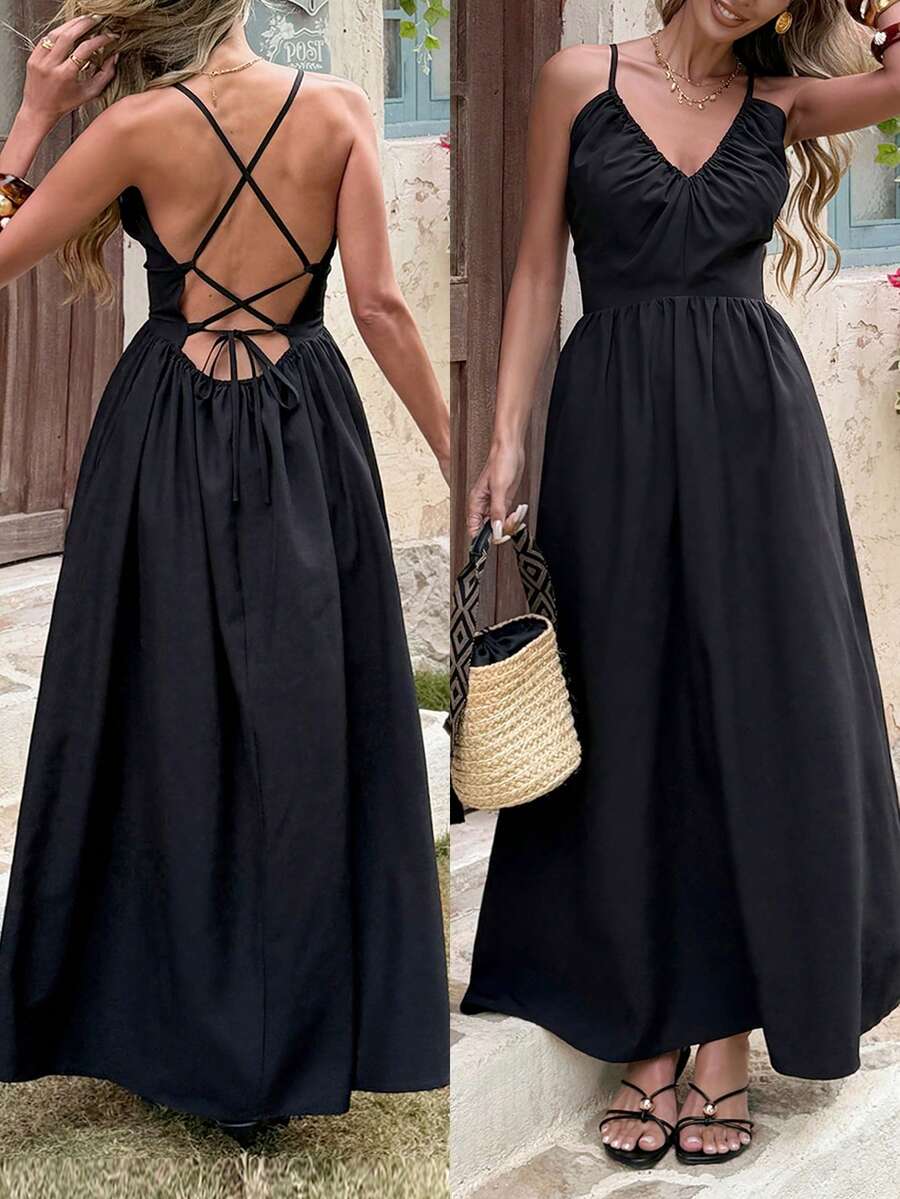 Cévolie 女士度假休闲纯色露背系带连衣裙 - 黑色 - 查看 1