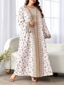 SHEIN Najma Women's Plus Size Retro Floral & Plant Faux Diamond Retro Print Long Sleeve Casual Arabic Abaya Cardigan Maxi Jacket, Spring/Autumn - Multicolor - View 3